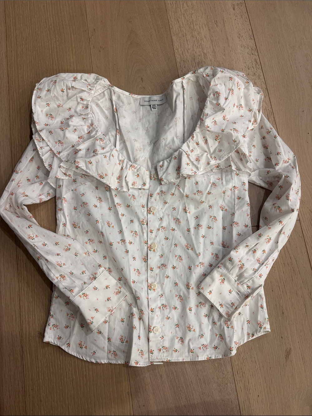 Something navy washable cotton flounce button down floral shirt